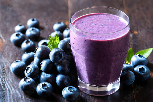 Blueberry smoothie and blueberries in a glass. Generative AI