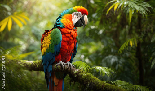Macaw Colorful Parrot Sitting on Tropical Forest Tree Branch © VectorFlower