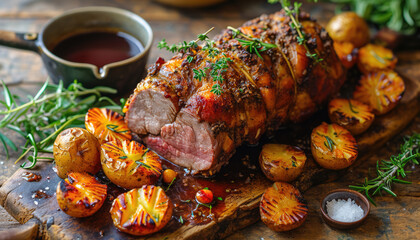 Roasted meat, potatoes with rosemary on wooden board for Easter