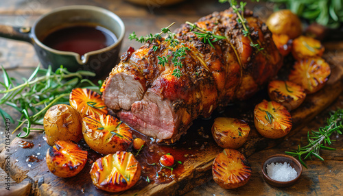 Roasted meat, potatoes with rosemary on wooden board for Easter