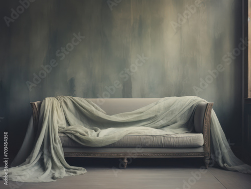 A dirty sofa that is no longer used is covered with cloth, full of dust and messy photo