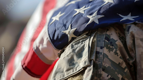 A close-up of the American flag gracefully draped over the shoulders of a military service member, representing dedication and sacrifice