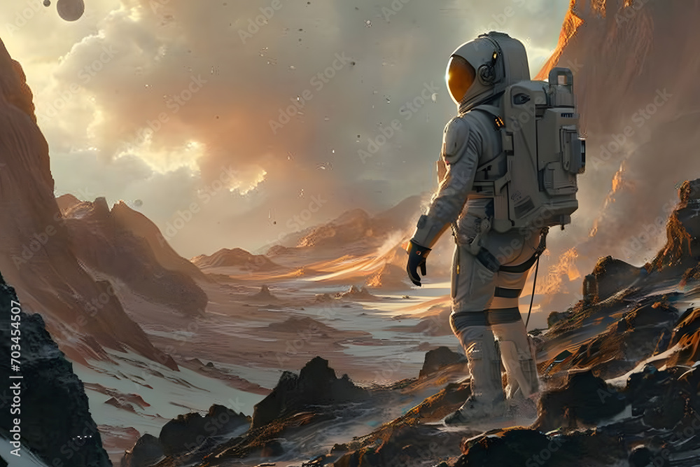 A space traveler in an advanced suit exploring alien landscapes A space traveler in an advanced suit exploring alien landscapes