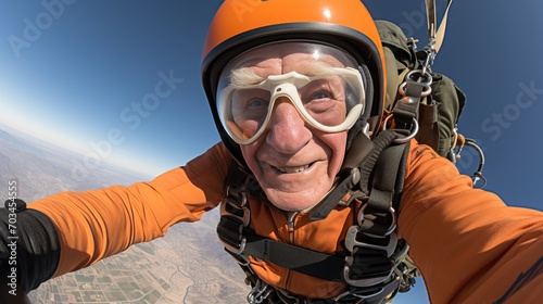 Senior man s intense paragliding focus and expression, soaring fearlessly through the sky