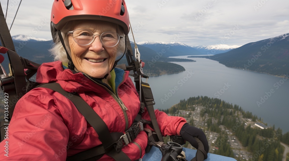 Senior woman s intense focus paragliding through the sky with unwavering determination