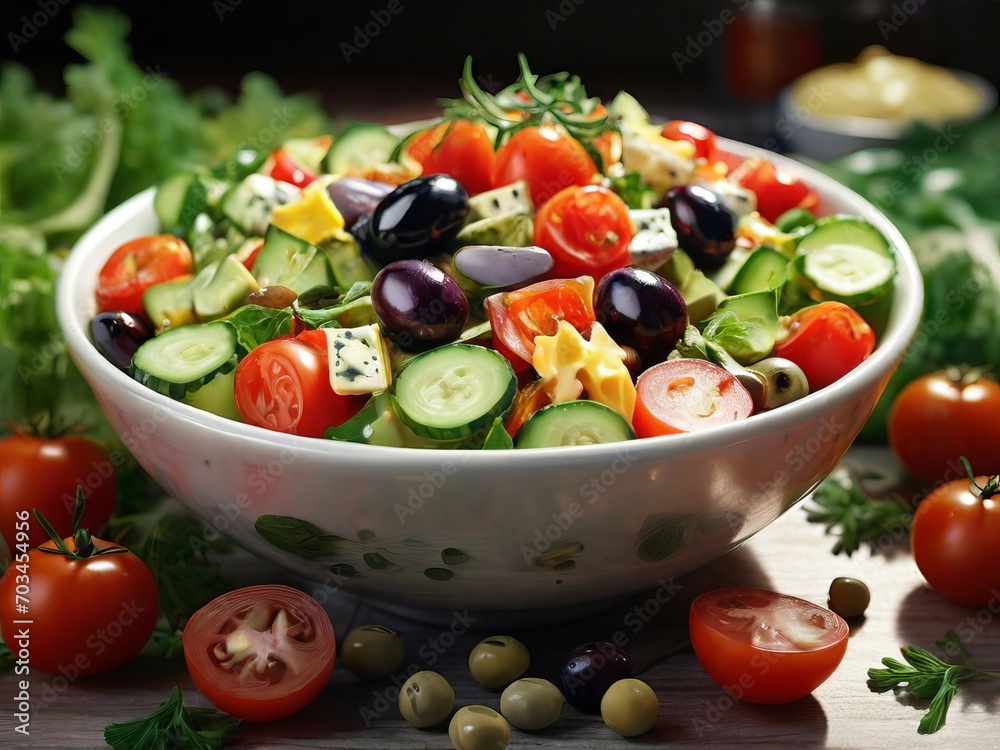 Trendy dish: photograph of a vegetable salad with cucumbers, cheese and herbs. Trendy dish: photograph of a vegetable salad with cucumbers, cheese and herbs.