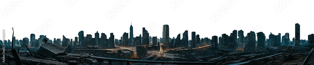 vast post apocalyptic city skyline dusk silhouette - premium pen tool cutout - city with tall buildings and skyscrapers - debris and destruction - wide panoramic angle view