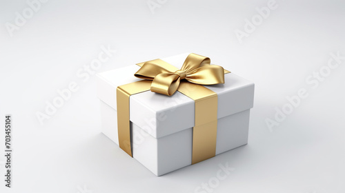 White present box with gold ribbon and bow isolated on grey white background.