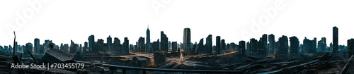 vast post apocalyptic city skyline dusk silhouette - premium pen tool cutout - city with tall buildings and skyscrapers - debris and destruction - wide panoramic angle view photo