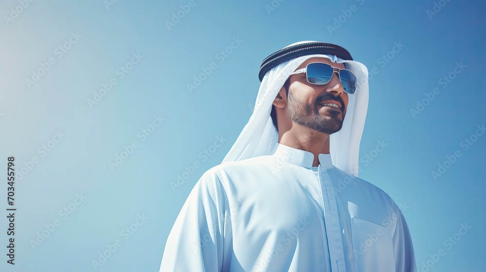 Arab businessman in Dubai, one color background, copy space with generative ai Arab businessman in Dubai, one color background, copy space with generative ai