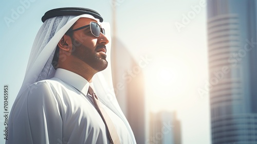 Arab businessman in Dubai, one color background, copy space with generative ai