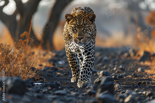 Wild Leopard Approaching in the Savannah Wilderness with Rocks, Bushes and Trees photo