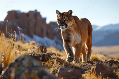 Wild Cougar in the Wild in an American Steppe and Mountain Environment, Feline Hunter Stalking his Prey © Simn