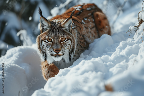 Wild Lynx Stalking in the Snows in Nature, Wild Cat Protected Animal on the verge of Extinction photo