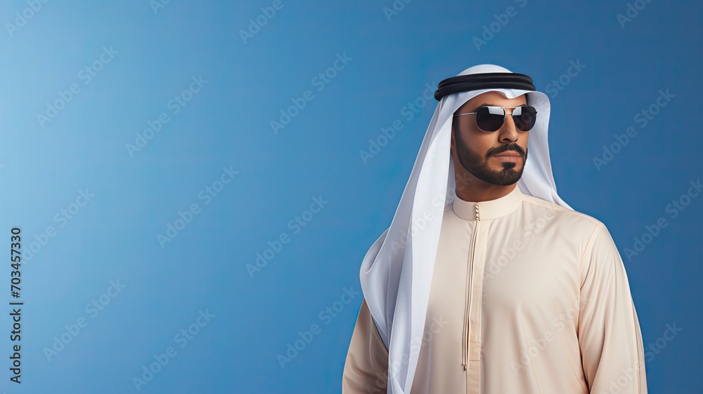Arab businessman in Dubai, one color background, copy space with generative ai Arab businessman in Dubai, one color background, copy space with generative ai