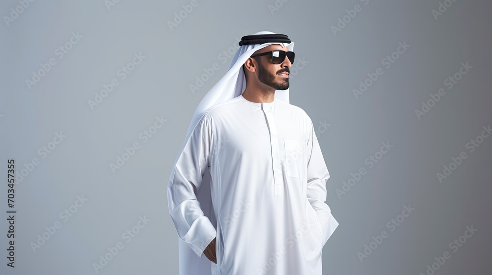Arab businessman in Dubai, one color background, copy space with generative ai