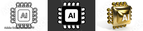 3D Artificial Intelligence Set Micro Chip AI Line And filled. Realistic AI Collection, artificial intelligence technology concept. UX UI Web Design Elements. 3d rendering. Vector Illustration.