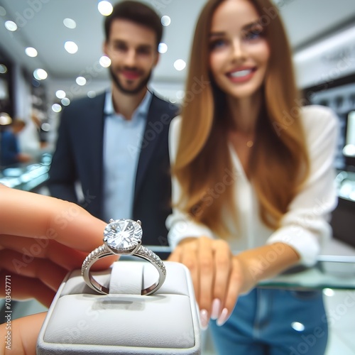 Beautiful young caucasian couple choosing engagement ring in jewelry store, closeup POV from perspective of diamond ring  photo