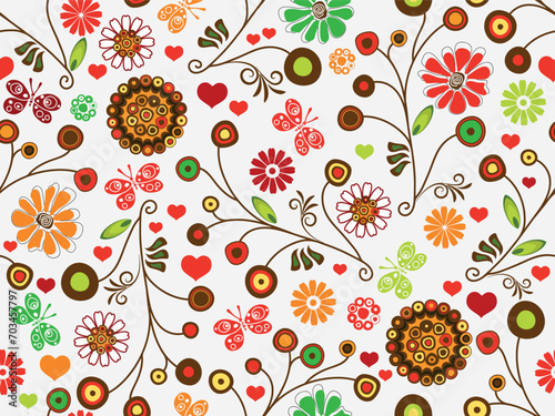 Vector hand drawn Valentine seamless pattern with circles, flowers, hearts and butterflies on white background