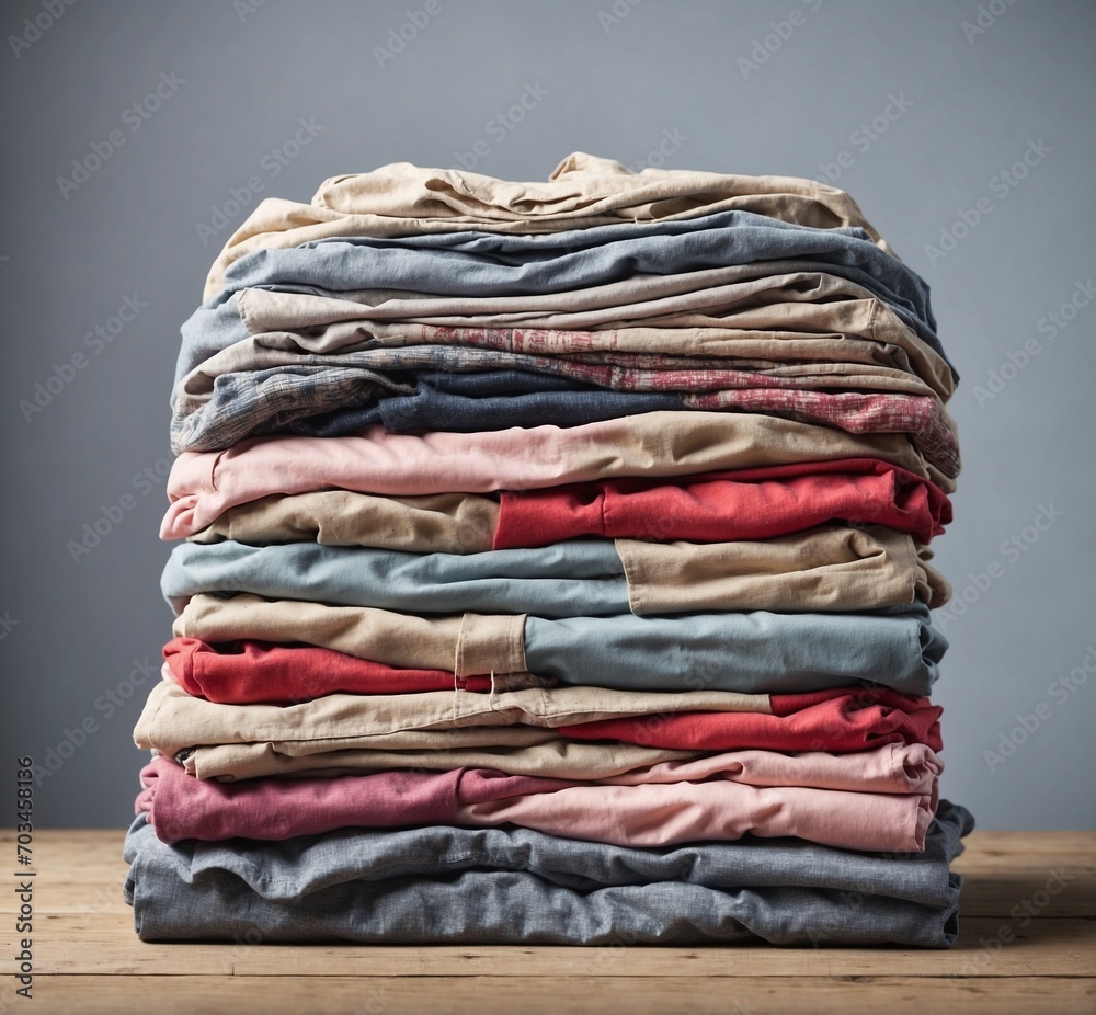 Stack of folded clothes on wooden table over grey background, close up