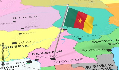 Cameroon, Yaounde - national flag pinned on political map - 3D illustration photo