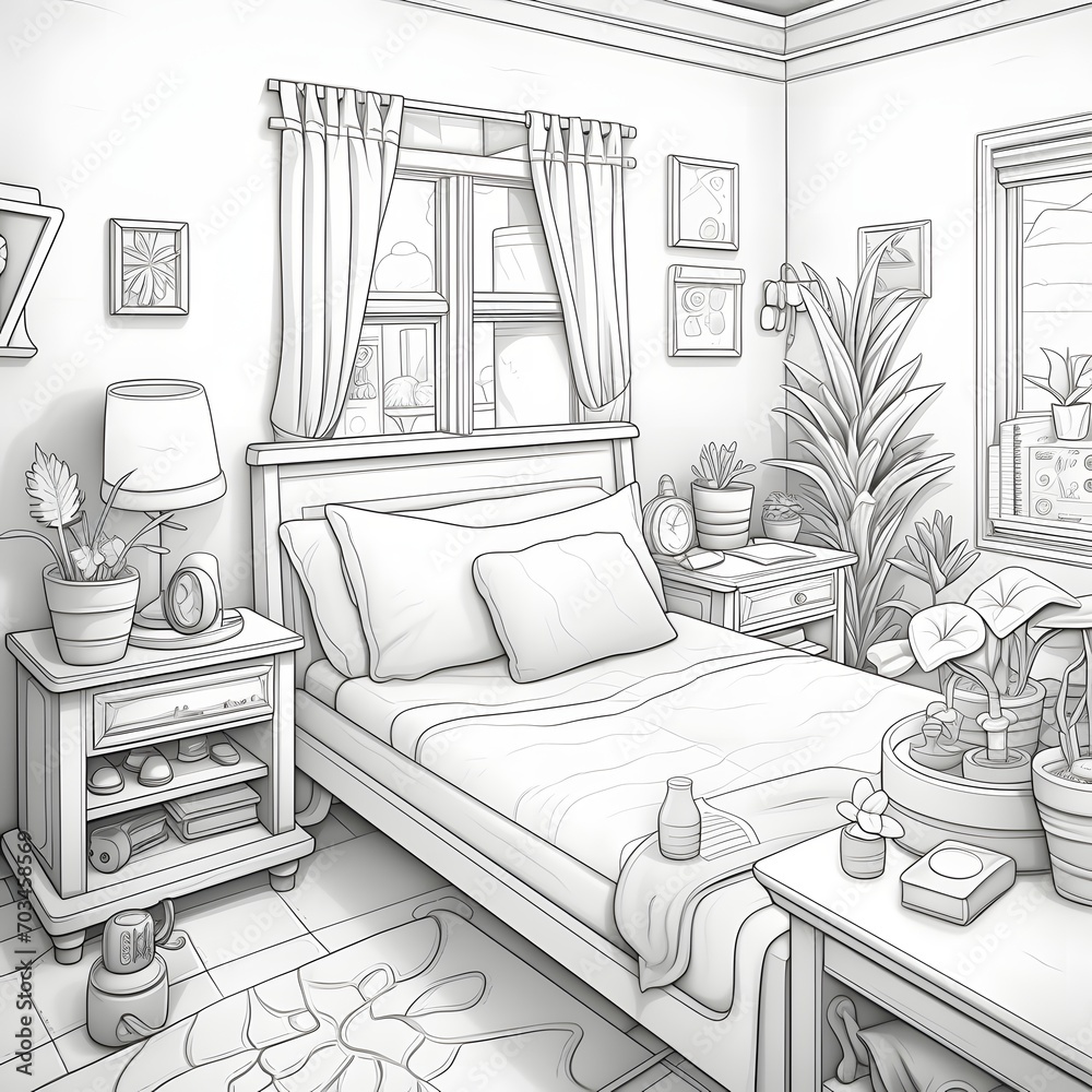 Cozy Bedroom Scene in Kawaii Style: Coloring Page Cozy Bedroom Scene in Kawaii Style: Coloring Page