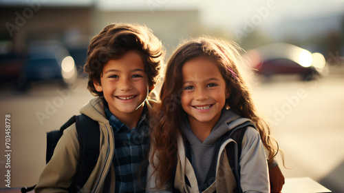 two smiling children with backpacks going to school