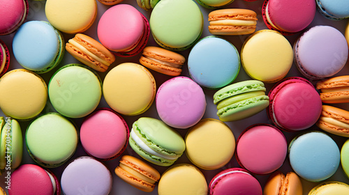 A pattern of macaroons with cream filling of various bright colors are tightly stacked next to each other, creating a mosaic pattern © Юлия Падина