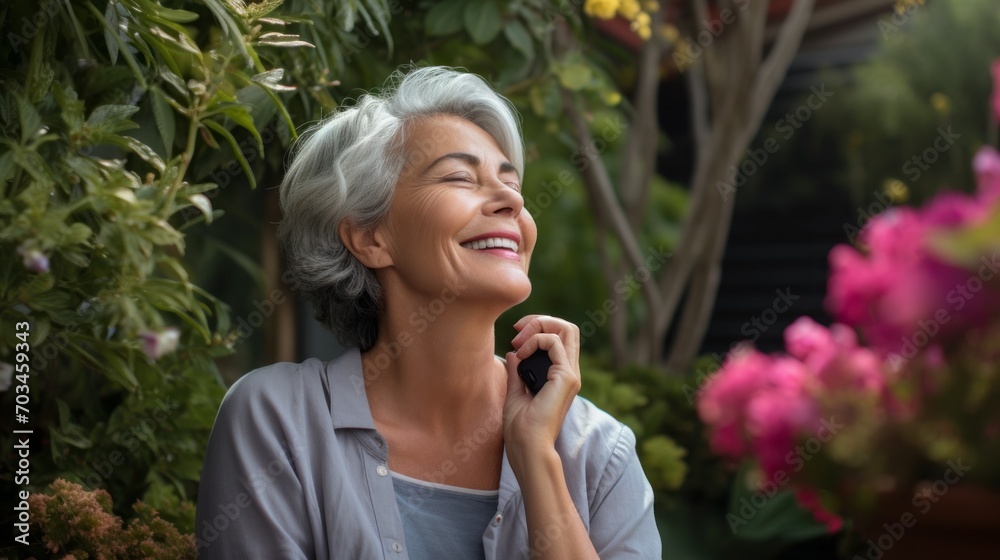 A happy laughing smiling gray-haired woman with closed eyes enjoys the air, nature, garden. A happy laughing smiling gray-haired woman with closed eyes enjoys the air, nature, garden.