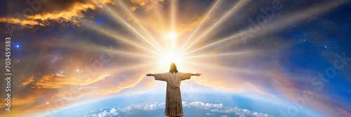 Jesus Christ in the sky with rays of light. 