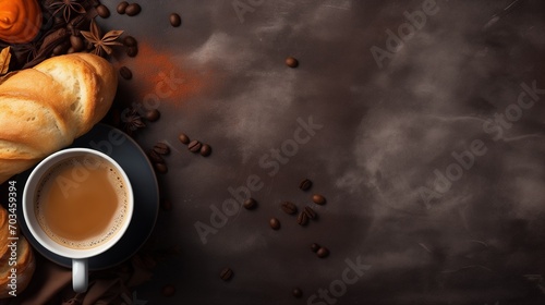A cup of coffee with bread on black background with coffee bean with copy space.