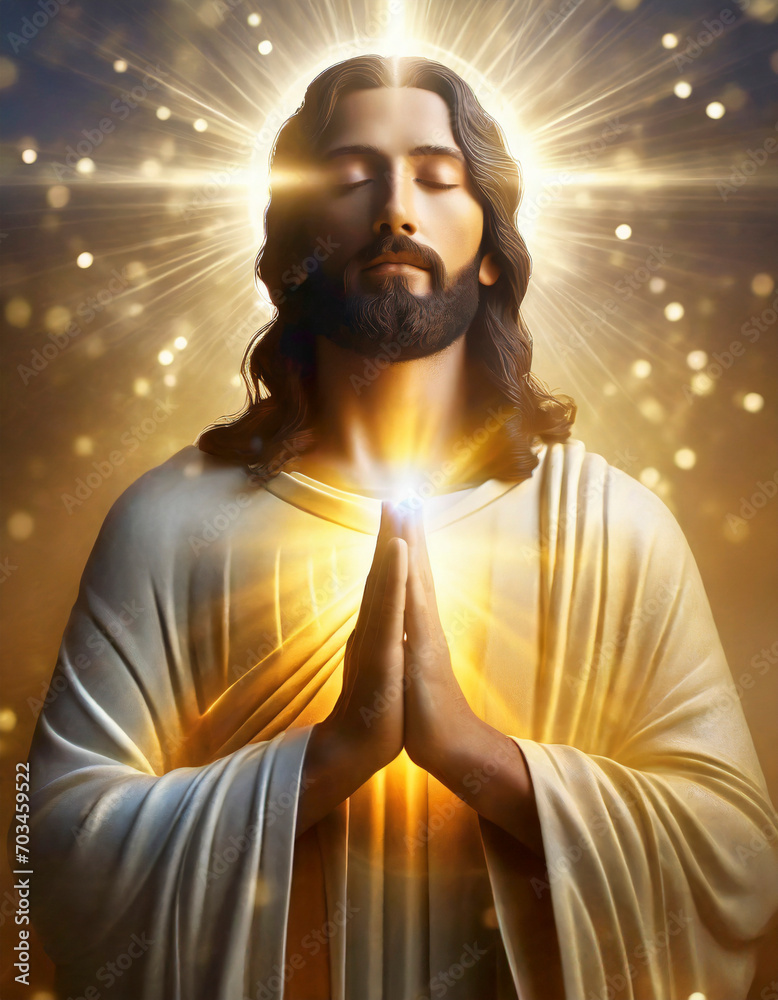 Jesus Christ with hands clasped in prayer over golden lights background.