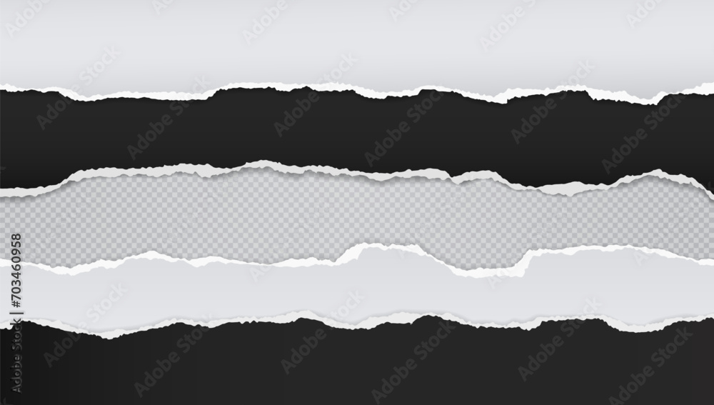 Torn, ripped black and white paper strips with soft shadow are on grey background for text.