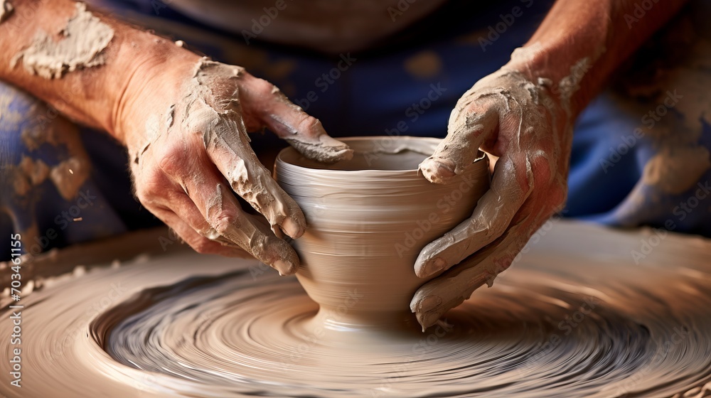 Skilled potter expertly crafting matching ceramics on a pottery wheel in a charming workshop studio Skilled potter expertly crafting matching ceramics on a pottery wheel in a charming workshop studio