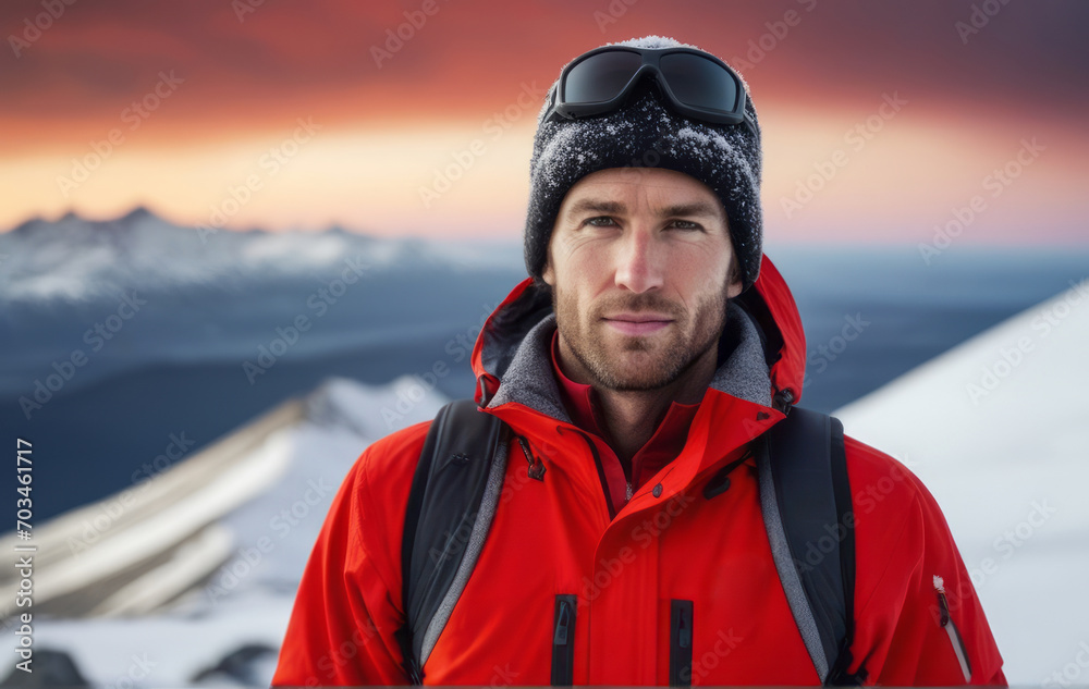A mountaineer man climbs a mountain in winter wearing a red jacket with a hood. out in the freezing cold weather on a mountain to the top of the mountain in winter, in a snowstorm A mountaineer man climbs a mountain in winter wearing a red jacket with a hood. out in the freezing cold weather on a mountain to the top of the mountain in winter, in a snowstorm