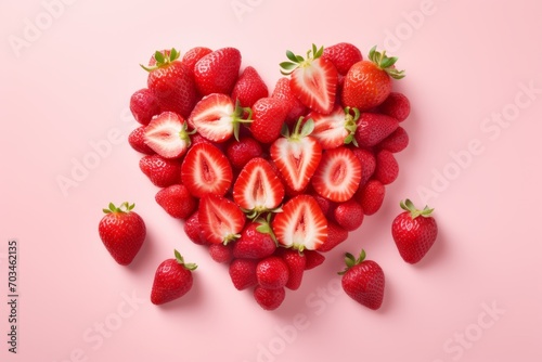 fresh strawberries laid out in a heart shape on a pink background. St. Valentine's Day concept