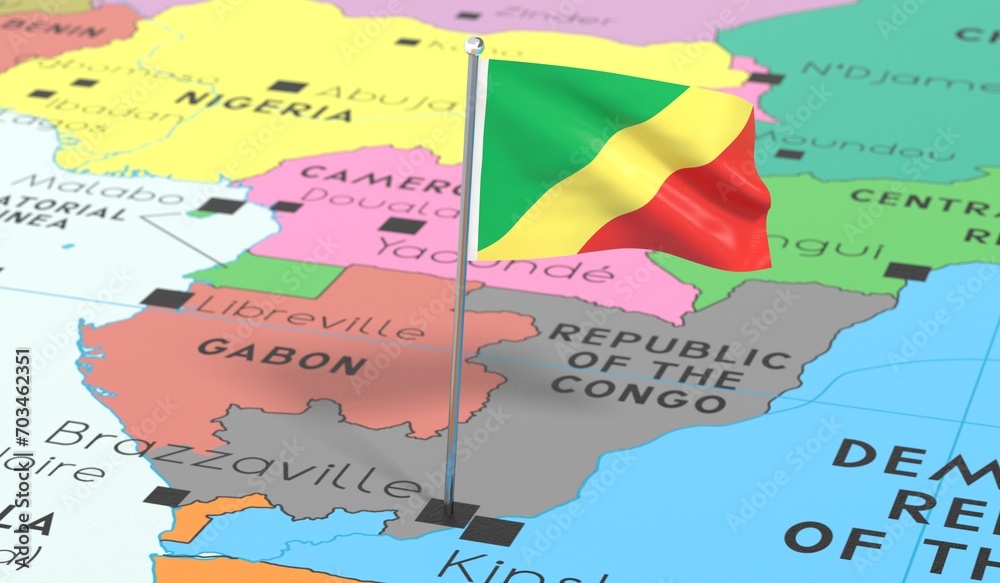 Obraz premium Republic of the Congo, Brazzaville - national flag pinned on political map - 3D illustration