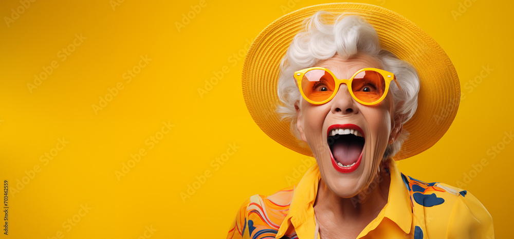 Le cri d'une vieille femme portant des lunettes et un chapeau, arrière-plan orange - obrazy, fototapety, plakaty 