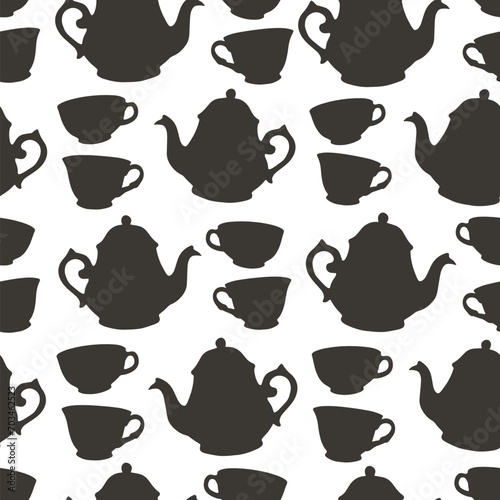 Neutral black and white seamless pattern with decorative cups and teapots, hand drawn doodle pattern