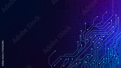 Abstract blue circuit board technology futuristic. Connection system, digital data and high tech technology geometric design on dark blue background.