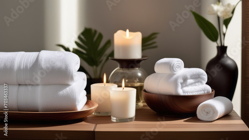 Create an inviting elegance with soft lighting  emphasizing the elegance of towels and beauty treatments  Towel with herbal bag and beauty treatments  candles  essential oils
