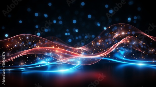 Pink and blue neon wave lines on abstract background with bokeh lightsData transfer concept.