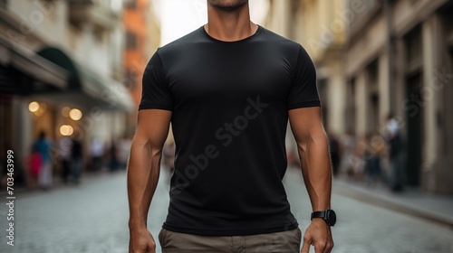 Close up male man upper body in black t-shirt mockup on the blurred street