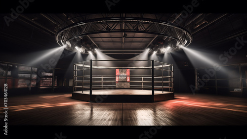 Empty MMA Fighting cage made with. Showcasing an Octagonal Podium Fighting Ring