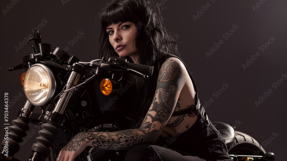 girl with a motorcycle, black hair girl with a motorcycle, black hair