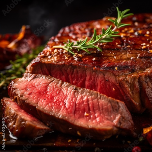 close up medium rare steak top with rosemary 
