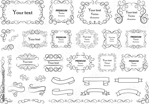 Set of vector graphic elements for design. Decorative swirls or scrolls, vintage frames , flourishes, labels and dividers. Retro vector illustration.
