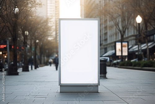 A big vertical digital screen for outdoor media with a blank advertising mockup, a blank white billboard in an urban city