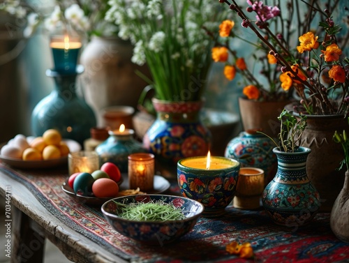 Beautifully arranged Haft-Seen table with traditional Nowruz items, including candles, sprouted wheatgrass, and painted eggs.