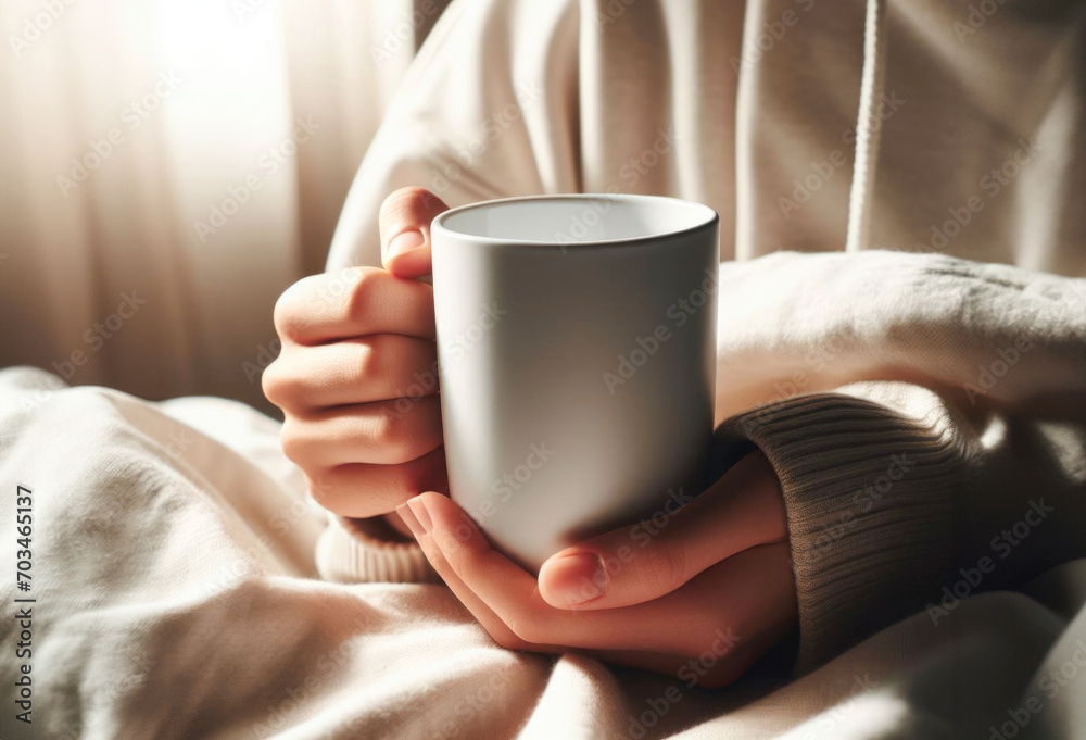 Female hands holding a warm mug in her home during the winter season. AI generative